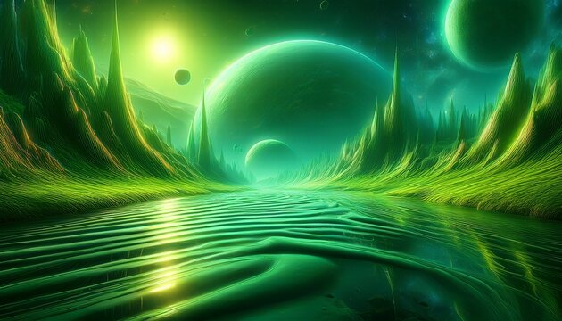 mystical green alien landscape with glowing river planets
