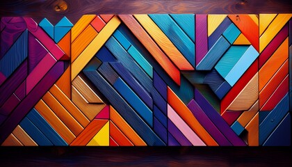 colorful geometric shapes creating a vibrant design on wood