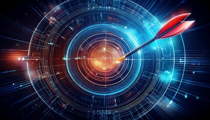 digital interface with dart hitting bullseye symbolizing innovation and business strategy