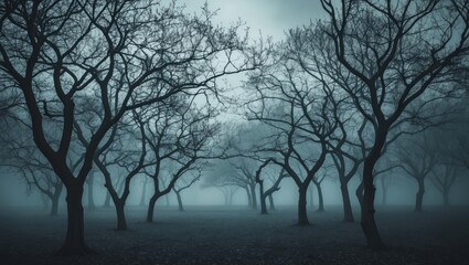 Branches of trees with empty space for text in a foggy, leafless forest scene.