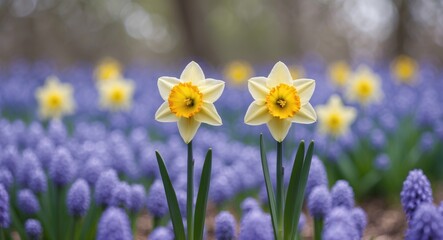 Obraz premium 2 Isolated Bright Yellow Daffodils in a Field of Violet Hyacinths with Blurry Bokeh Background During Flower Blossom Season