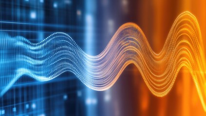 Abstract digital wave flowing from cool blue to warm orange hues against a grid background