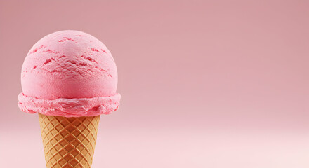 Ice cream, Pink ice cream, Strawberry ice cream, Pink Ice Cream in Waffle Cone on Pink Background