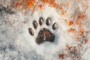A perfect bear paw print in the snow, surrounded by autumn leaves, a peaceful winter scene.