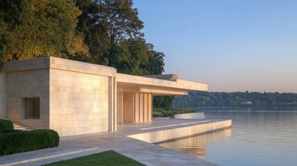 Obraz premium Modern Lakeside Pavilion at Sunrise: Minimalist Architecture and Tranquil Waters