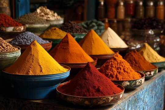 Colorful spices in a Moroccan market.