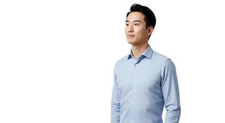 Asian man with a confident expression is looking up, wearing a stylish blue shirt.