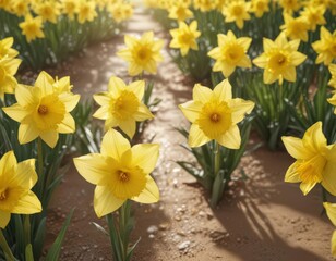 Close-up view of glistening daffodil petals, sunny day, bright yellow ,  flowering,  cheerful,  spring blossom