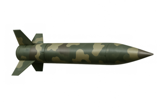 Realistic 3d rendering of a camouflaged missile, isolated on a transparent background, ready for compositing into various projects