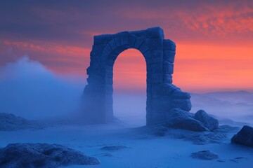 A solitary stone archway stands amidst a misty, snow-covered landscape at sunset, the vibrant orange sky contrasting with the cool blue tones of the scene