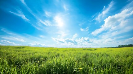 Obraz premium Expansive field of vibrant green grass under a vivid blue sky.