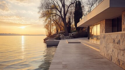 Sunset over lake, modern house with stone walls and terrace