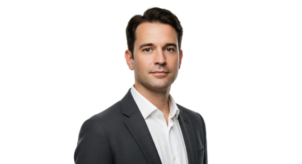 A professional businessman in a suit poses confidently, looking directly into the camera.