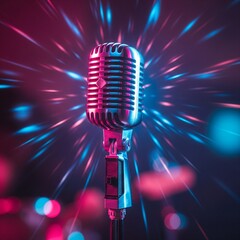 studio retro microphone with disco lighting background with a sense of 80