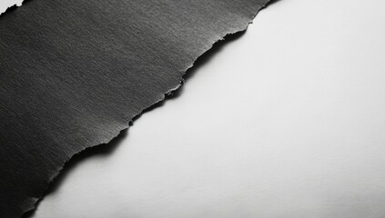 A grayscale close-up shot features a torn piece of dark paper diagonally against a lighter background, creating a stark contrast and texture