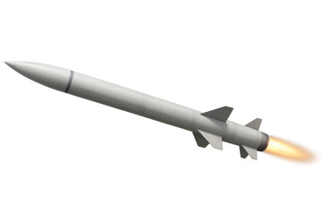 Realistic 3d rendering of a white missile flying, with engine emitting fire and smoke, isolated on transparent background