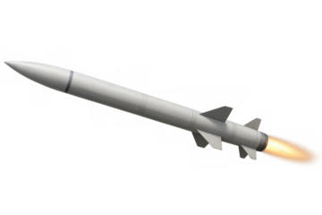Realistic 3d rendering of a white missile flying, with engine emitting fire and smoke, isolated on transparent background