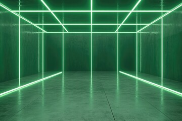 A dark room with green neon lights forming a grid on the walls and ceiling, reflecting on a polished floor