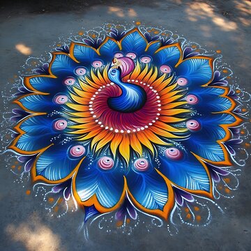 Colorful peacock mandala painted on a concrete surface.