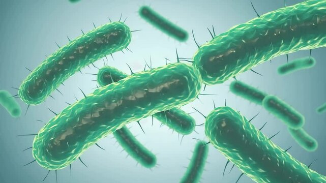 Green bacilli bacteria moving, view under microscope