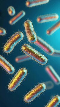 Shiny golden vibrio bacteria under magnification float on clean blue background