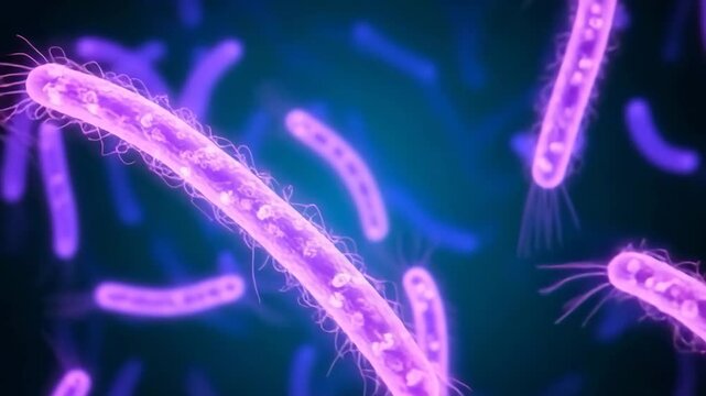 First-person view - falling or swimming through liquid full of dynamically changing color floating colorful spirochete bacteria with flagella