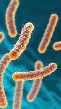 Orange rod-shaped bacillum bacteria floating chaotically on blue background, vertical video