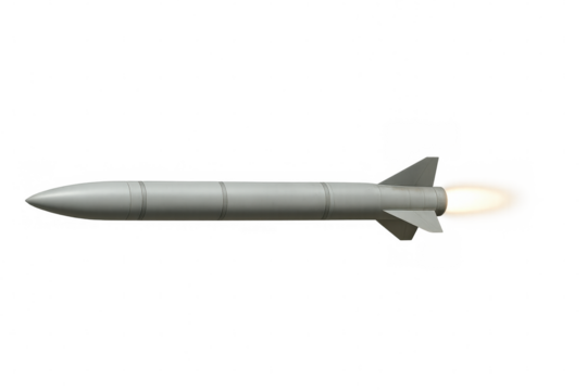 Detailed 3d rendering: white missile launching, propelling against transparent backdrop