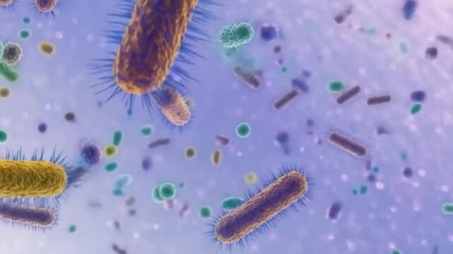 Cocci, bacilli bacteria, with pili, fimbriae, flagella, moving or falling towards camera, examined under microscope