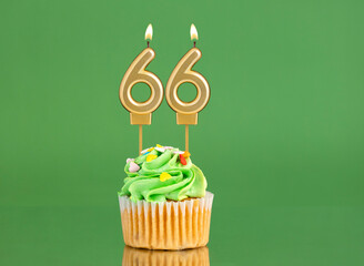 Number 66 birthday candle - Cupcake on a green background