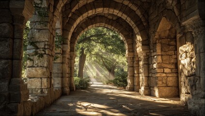 Fototapeta premium Sunlit Stone Archway Passage Through Ancient Ruins