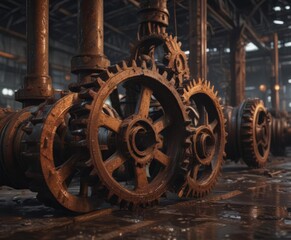 Rusting gears, leaking pipes in a dimly lit factory  ,  abandoned,  rust,  equipment
