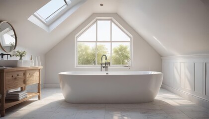 Fototapeta premium Elegant freestanding bathtub in a bright attic bathroom with skylight, interior architecture, window, attic bathroom