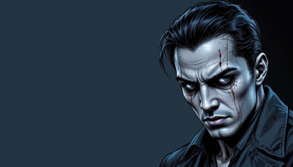 Dramatic illustration of brooding character with serious