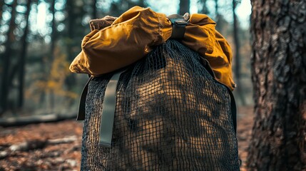 Rustic Outdoor Mesh Bag Hiking Backpack Forest Nature Travel Gear Adventure Equipment Brown Beige Yellow Durable Strong Carry Hiking Camping Trip Stylish Functional Carryall       