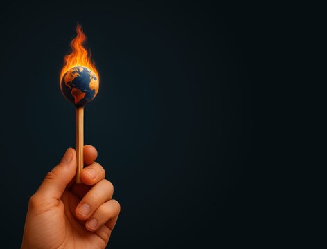 Hand holding burning matchstick with Earth globe as match head engulfed in flames on dark background. Climate change, global warming, and environmental crisis concept. Image with copy space