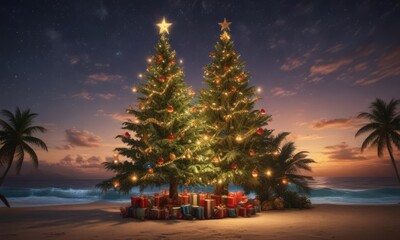Ornate Christmas tree glowing against a starlit tropical sky, secluded holiday , solitude, holiday, ornaments