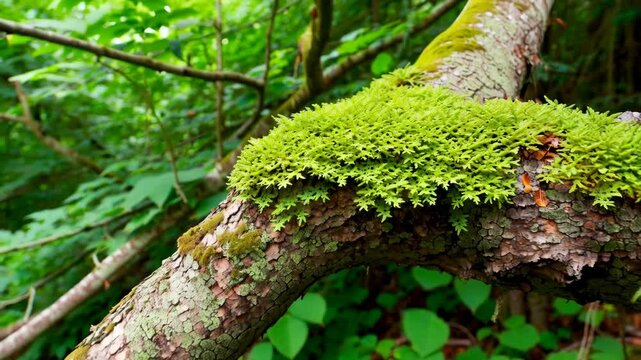 Lush green leafy liverwort covering tree branch in a blurred forest understory, providing a vibrant natural foliage groundcover in an outdoor setting