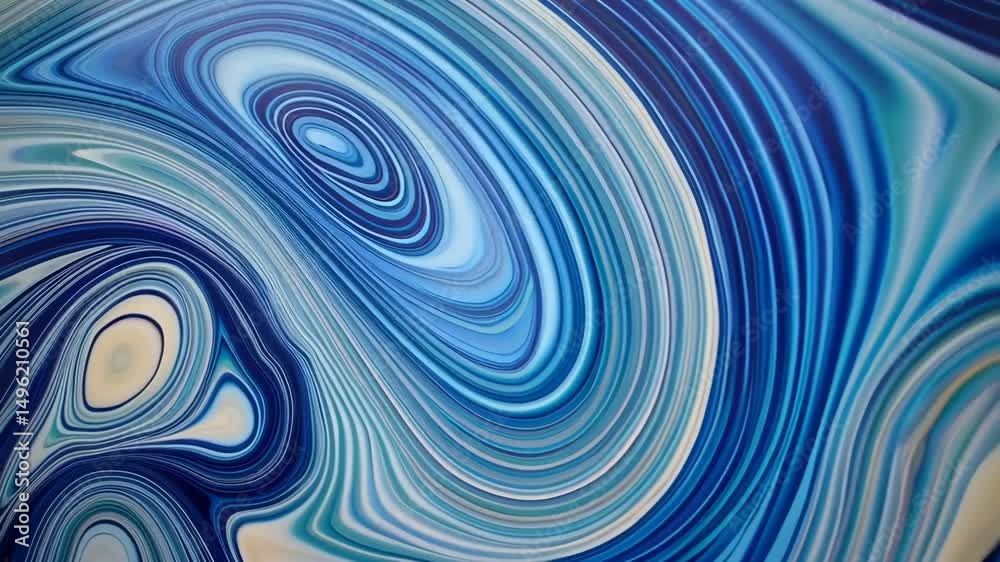 Poster swirling abstract pattern of blue and white fluid art with dynamic curves and flowing lines creating