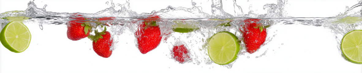Strawberries and lime splashing into water on white background, high-speed image for commercial or food design
