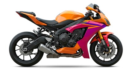 Obraz premium A vibrant orange and pink sport motorcycle isolated on a white background