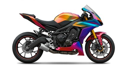 Side view of a colorful motorcycle with iridescent paint on a white background