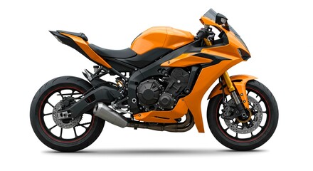 Side view of a vibrant orange and black motorcycle on a white background