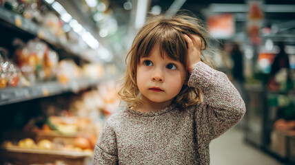 Pensive child in a cozy sweater stands in a grocery aisle, her hand on her head, looking up with a thoughtful expression.