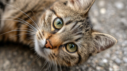 Naklejka premium Close-up of a tabby cat with striking green eyes, showcasing its expressive face and intricate fur pattern.
