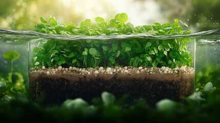 Cross-section of soil and plants in glass water tank, great for biology and education materials