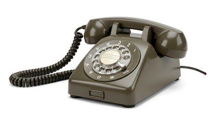 Close up of a vintage rotary phone with cord on a white background shot well