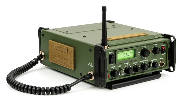 A close up shot of a military radio with antenna and attached coiled cable - Powered by Adobe