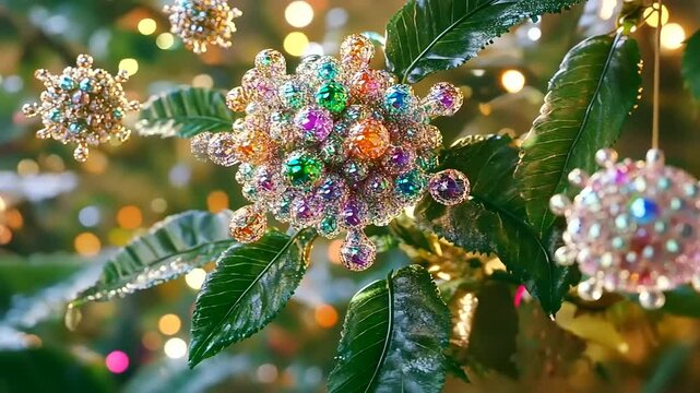 Sparkling Jewel Ornaments Adorning Festive Greenery for a Dazzling Holiday Display