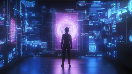 Person standing in a room filled with glowing digital displays.